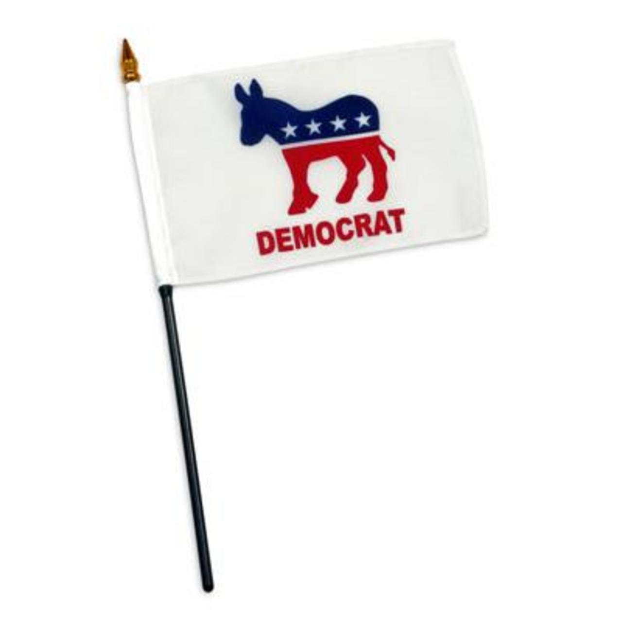 Small white flag with a blue and red donkey and 'DEMOCRAT' text on a white background