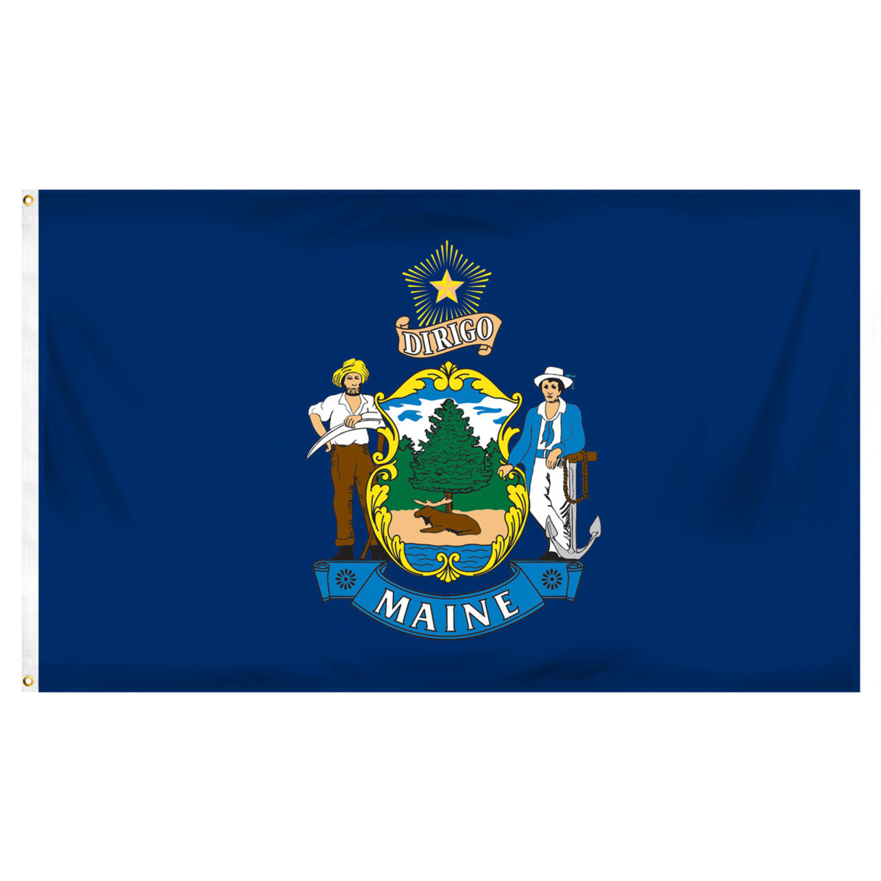 State of Maine blue flag featuring the full-color state seal with a moose, pine tree, farmer, and sailor on a blue field with text 'DIRIGO' and a yellow star.