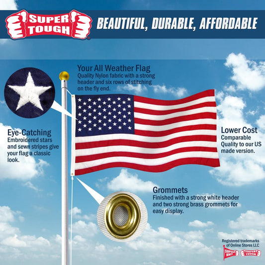 Super Tough 10ft x 15ft Sewn Nylon American Flag - Secondary Image - United States Flag Store Product detail info card for Super Tough flags with comparison and quality comparisons to other manufactures' fabric