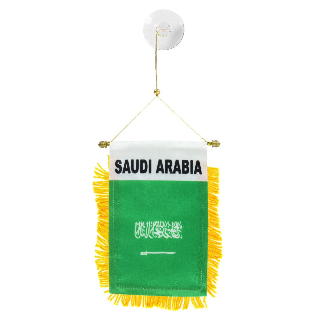 Small flag of Saudi Arabia with yellow fringe on a white background