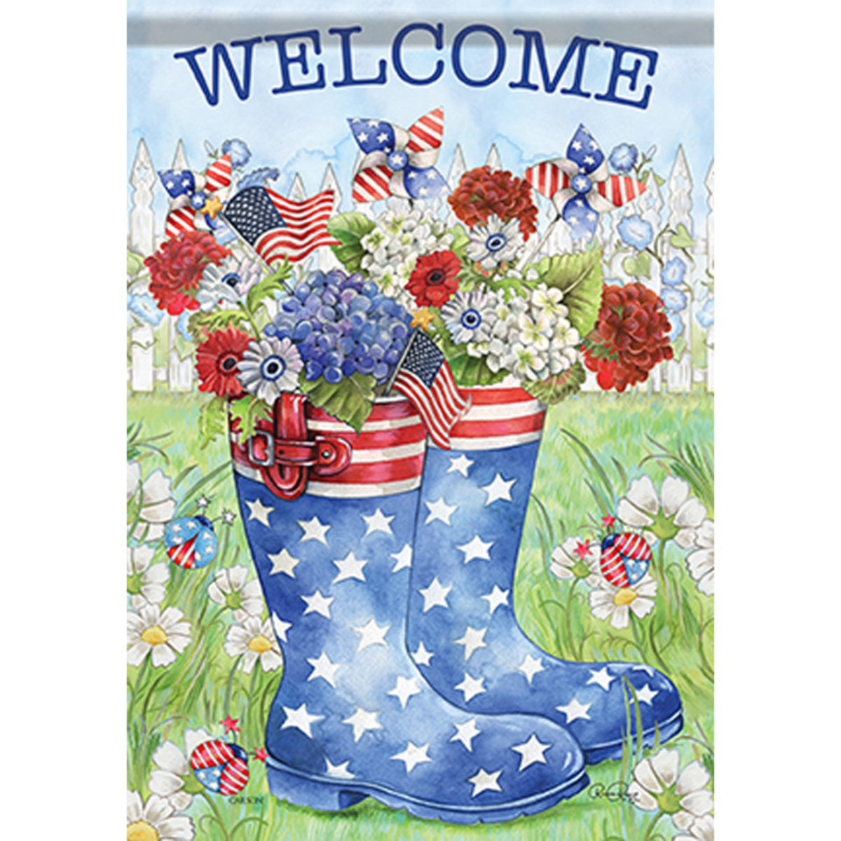 Decorative flag with blue wellington boots, American flags, and flowers on a white background