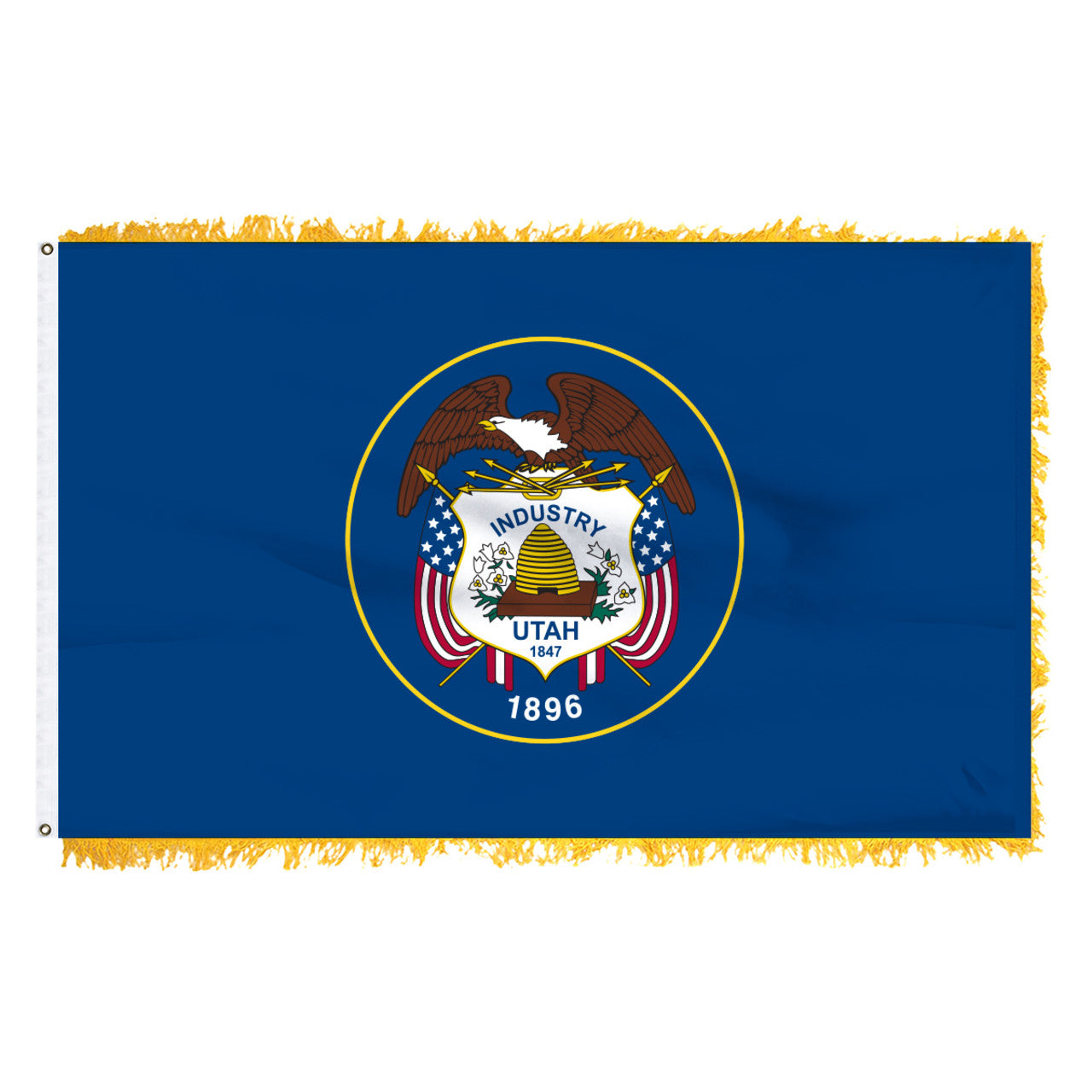 Flag of Utah with a blue background and emblem featuring an eagle and American flags.