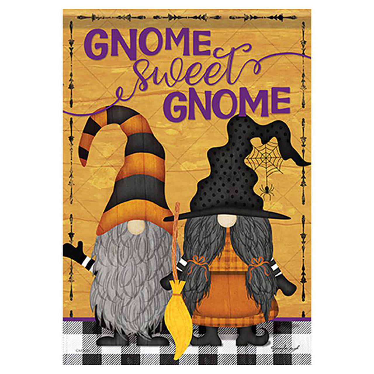 Decorative banner with two gnomes wearing Halloween-themed hats and a broom, with 'Gnome Sweet Gnome' text.