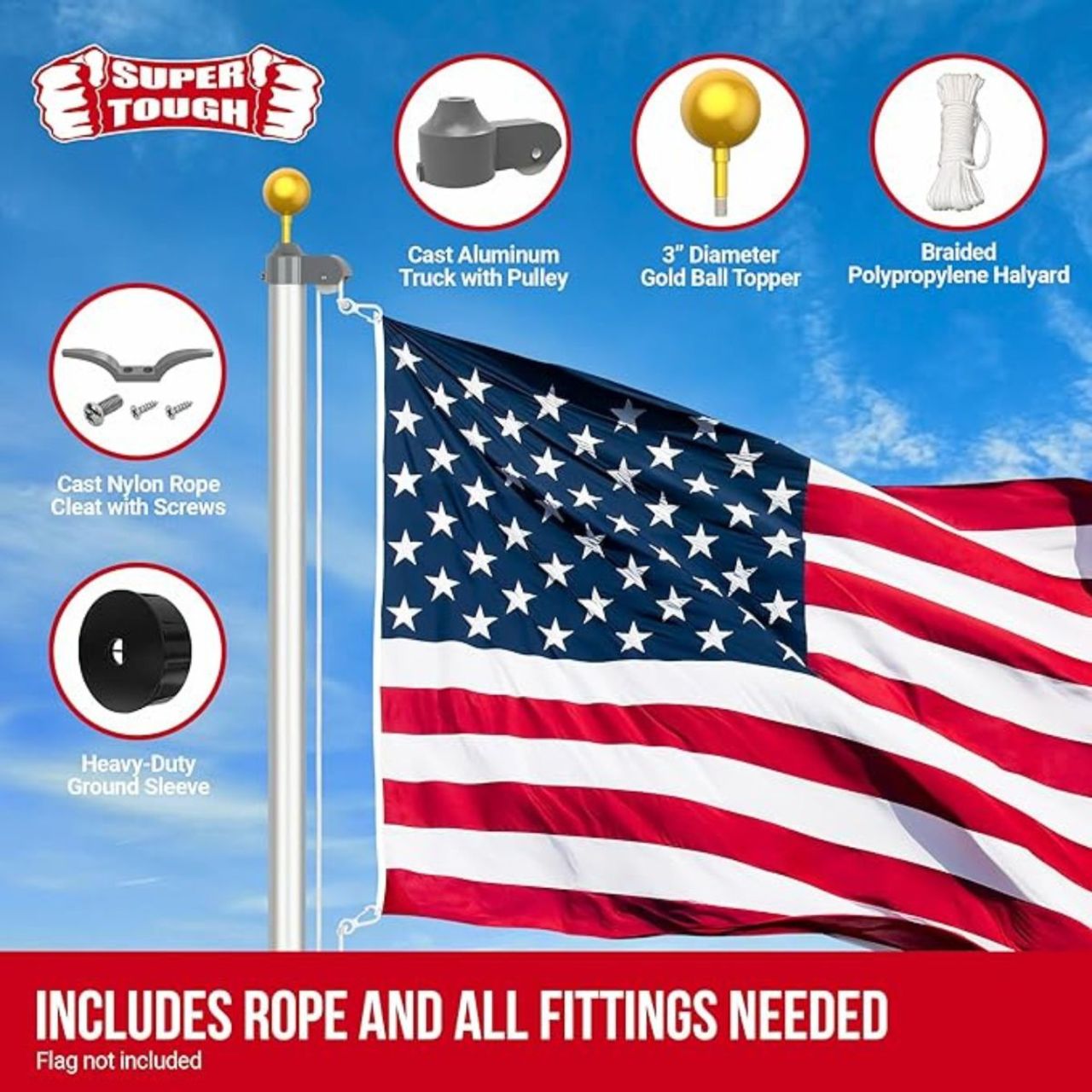 Super Tough 20ft Aluminum Sectional Residential Flagpole Kit - Silver