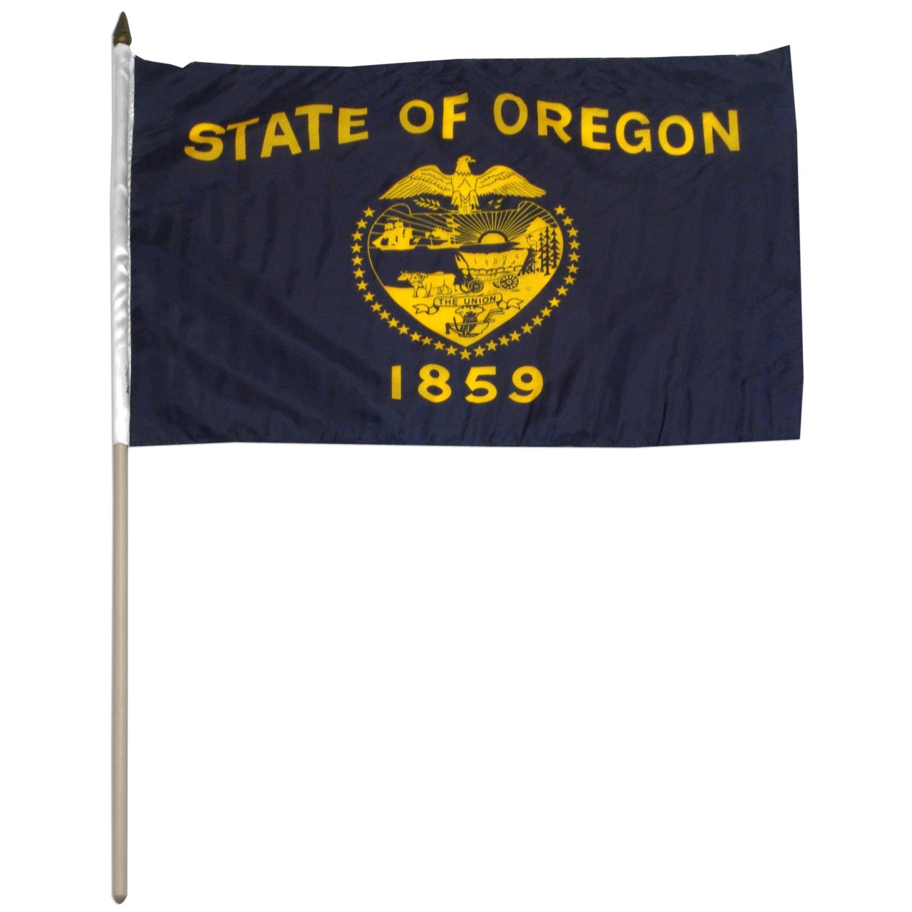 Stick flag of the State of Oregon with yellow text and emblem on a blue background