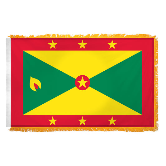 Grenada 3ft x 5ft Nylon flag - Secondary Image - United States Flag Store Flag of Grenada with red border and yellow stars with two green triangles and two yellow triangles within the red border. A red circle with a yellow star is in the center.