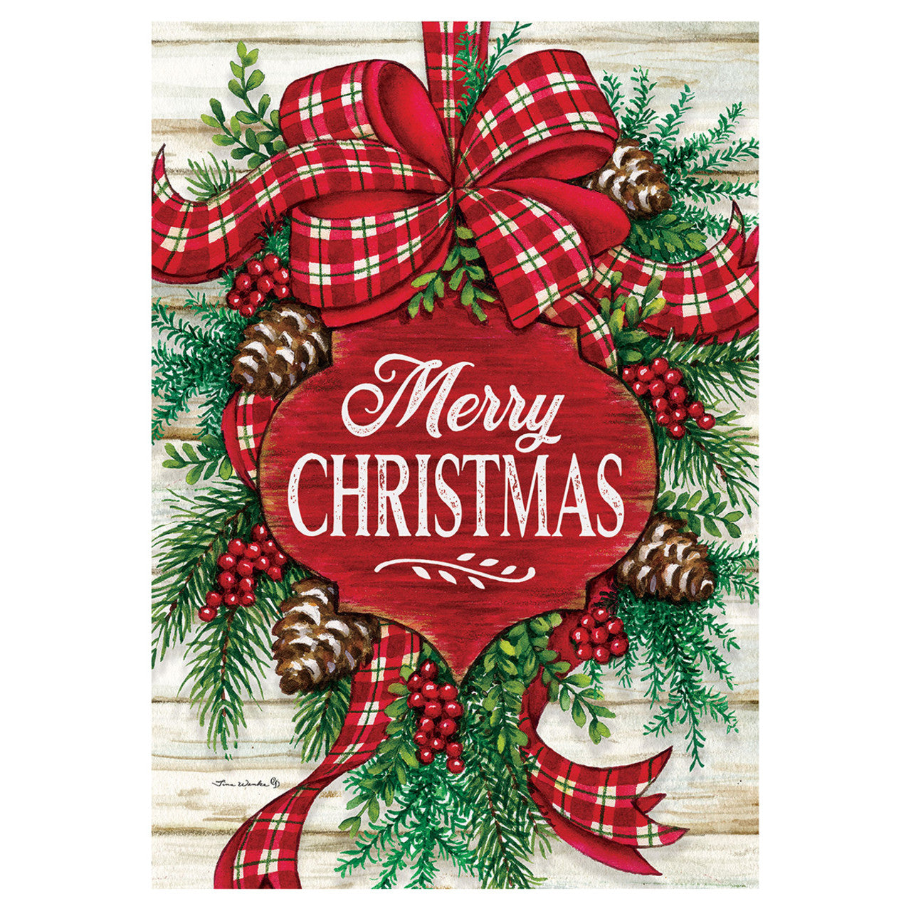 Christmas-themed decorative flag with plaid bow, pinecones, and 'Merry Christmas' text on a wooden background.