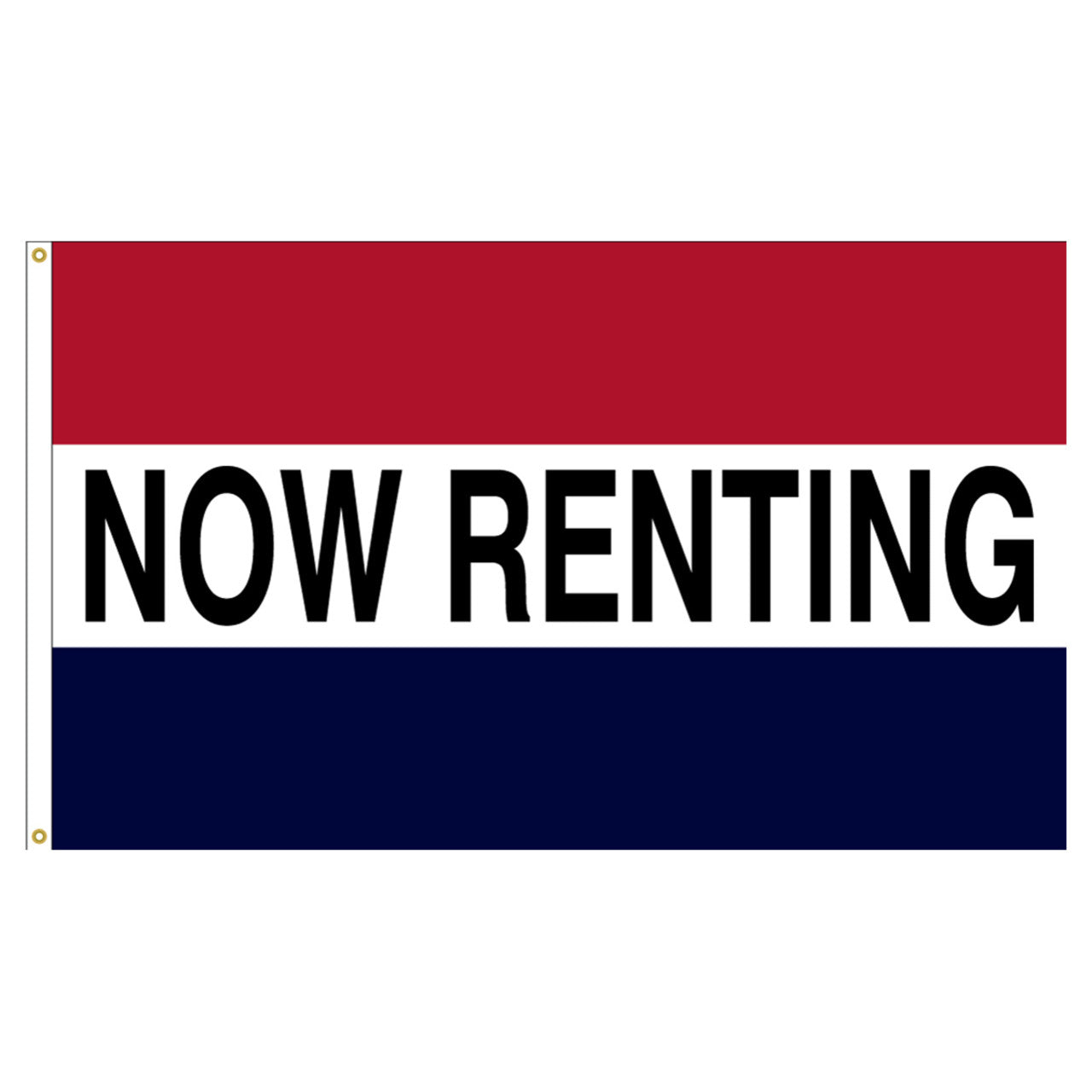 Real estate flag with 'NOW RENTING' text on a white background