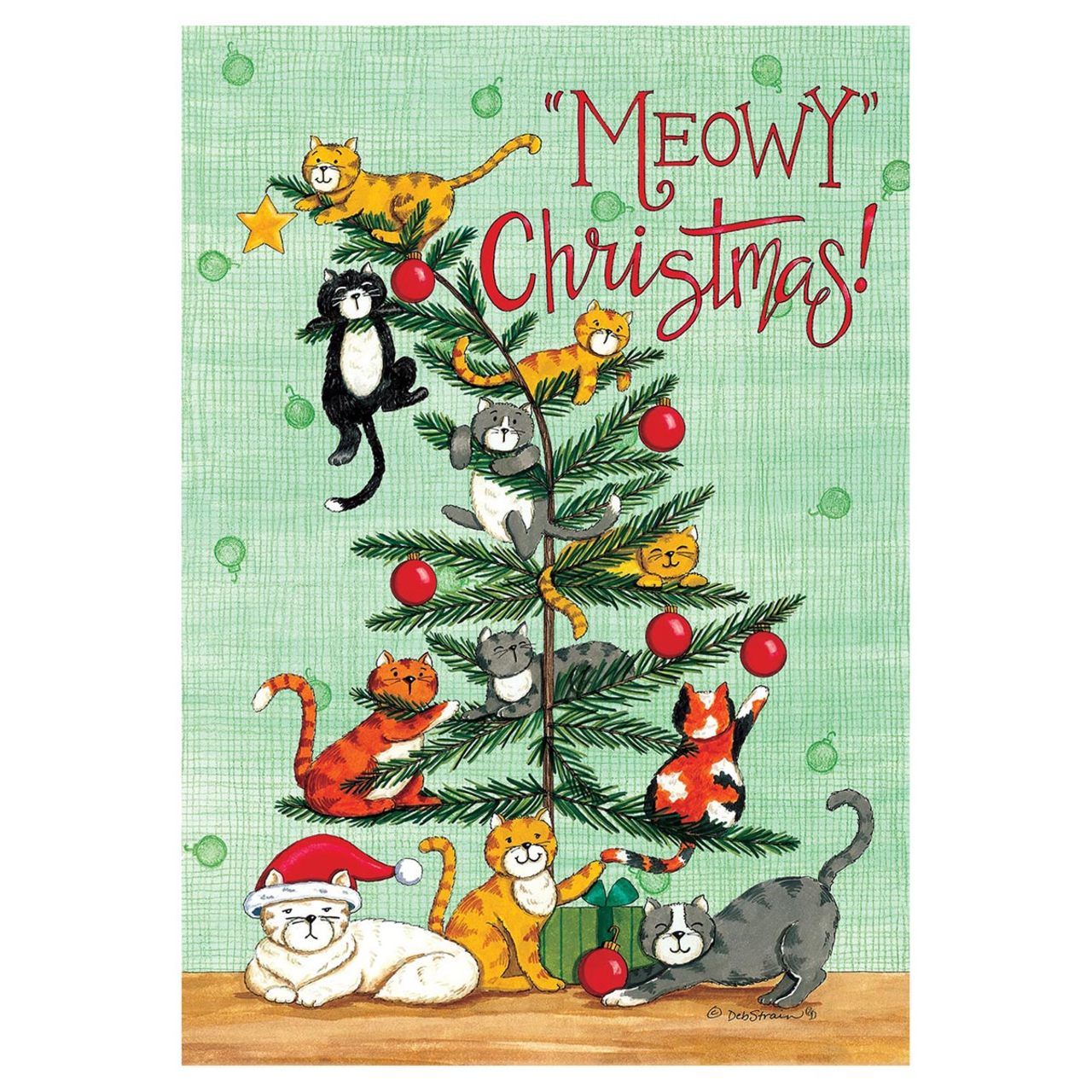 Christmas-themed garden flag with cats around a Christmas tree and 'Meowy Christmas!' text.