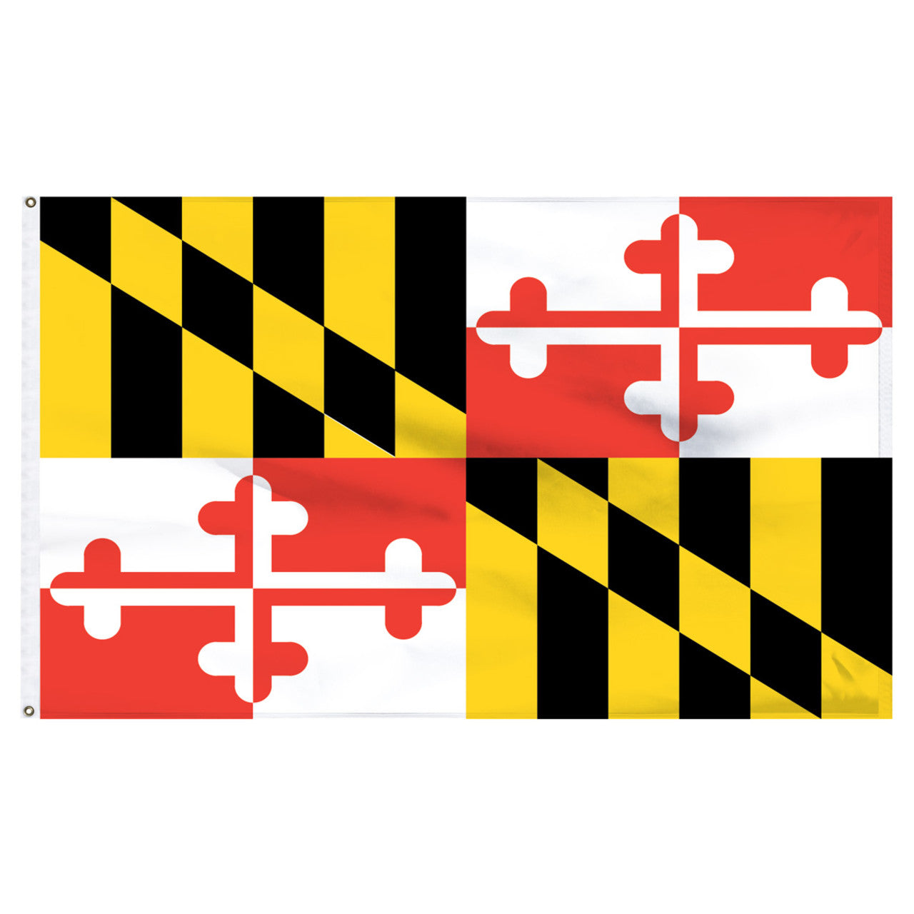 Flag with Maryland's official design featuring black, yellow, and red diagonal stripes and a white cross.