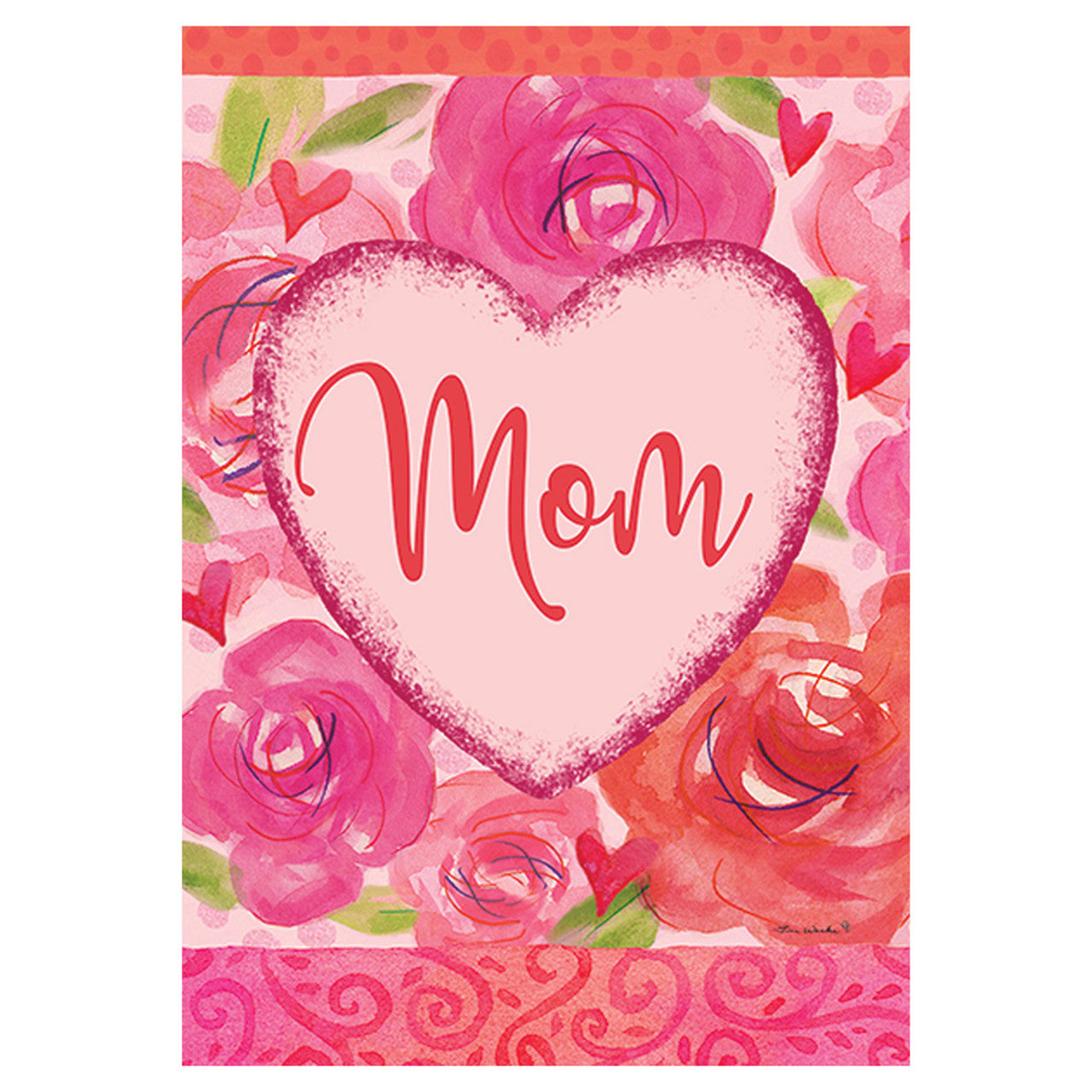 Heart-shaped card design decorative garden banner with 'Mom' text surrounded by pink roses on a pink background