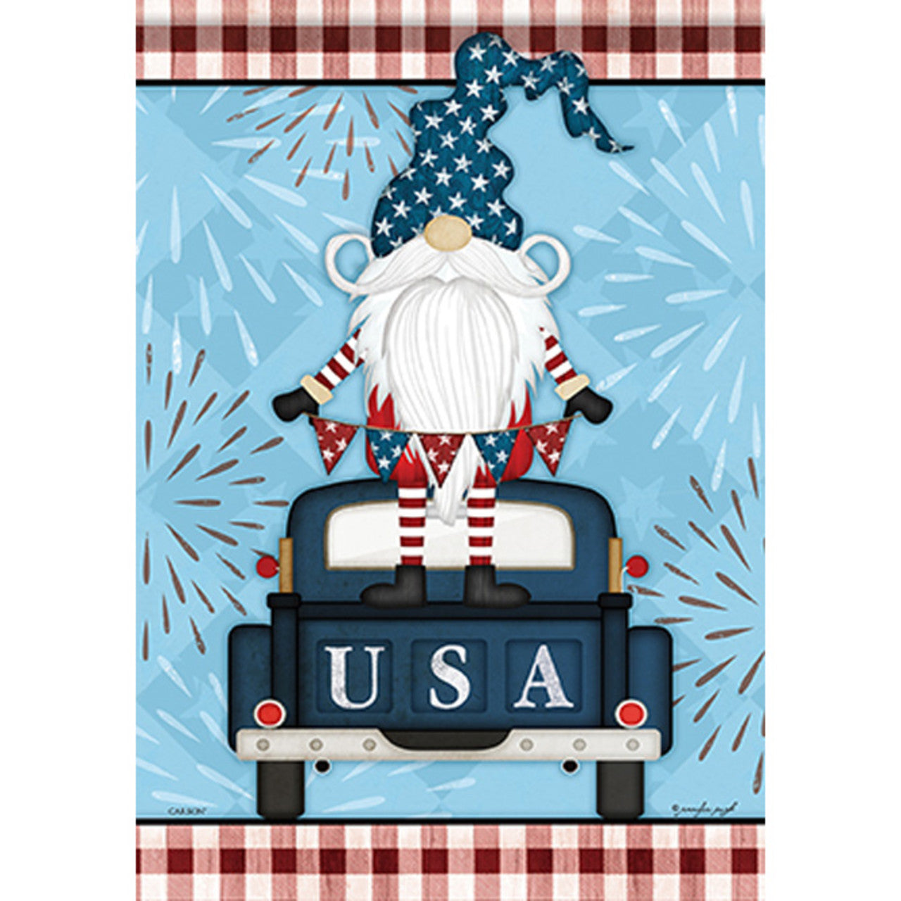 Decorative flag with a Gnome in an American flag hat sitting in a truck with 'USA' on the back, against a blue background with fireworks.