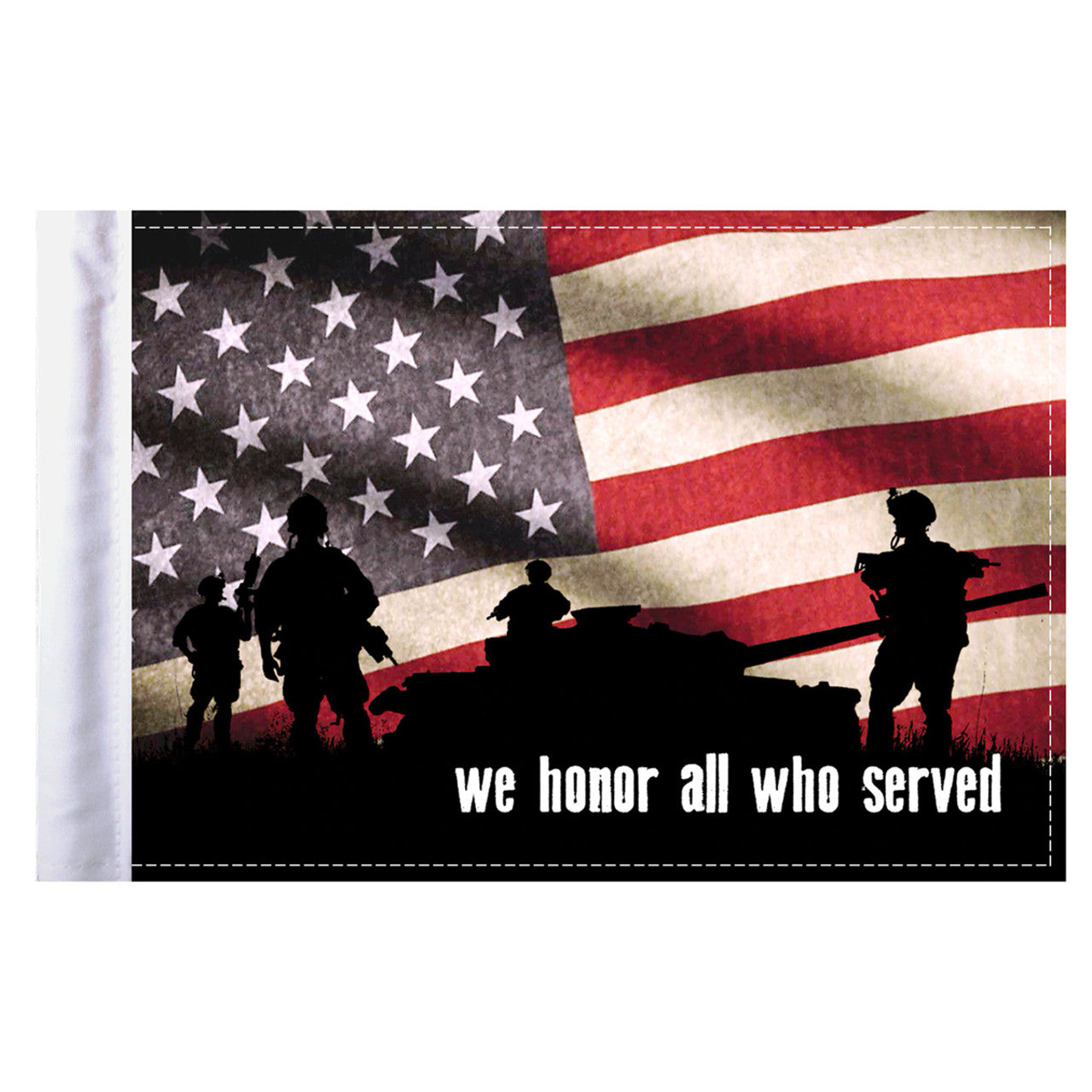 American flag with silhouettes of soldiers and 'we honor all who served' text on a white background