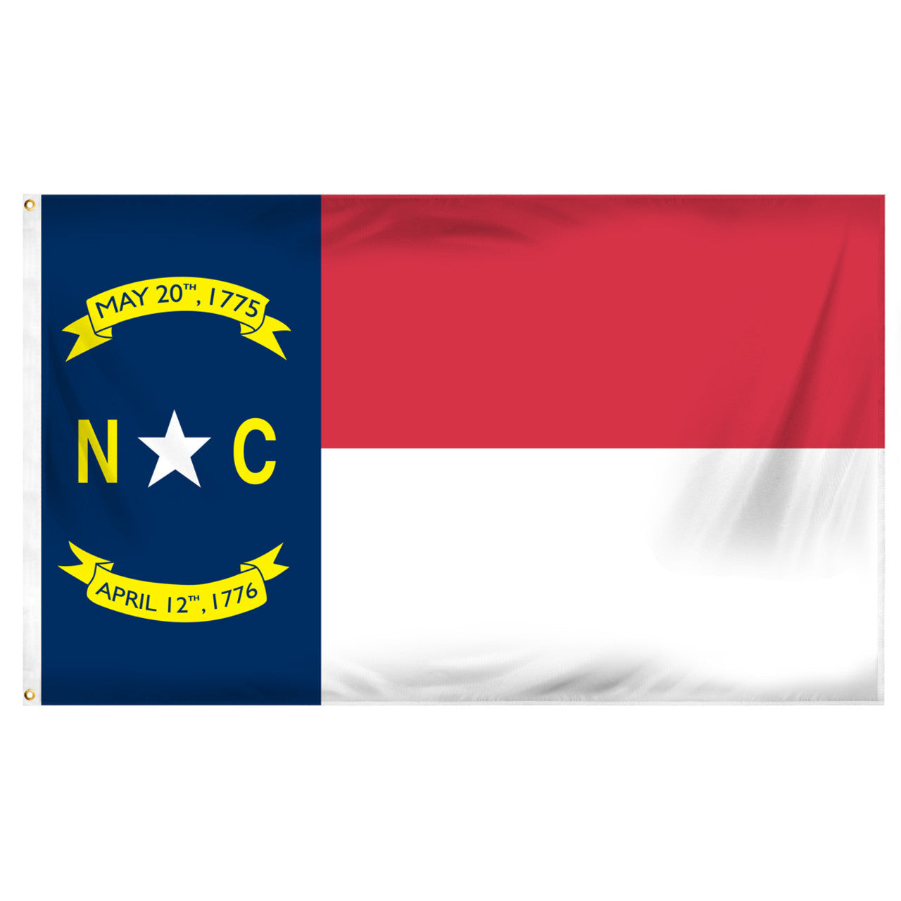 State of North Carolina flag featuring the blue, red, and white panels with the gold star, 'NC' initials, and historic dates.