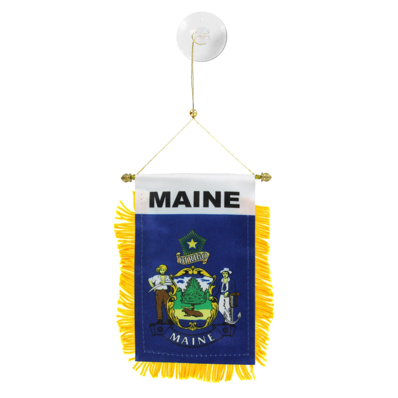 Miniature flag of Maine with yellow fringe on a white background