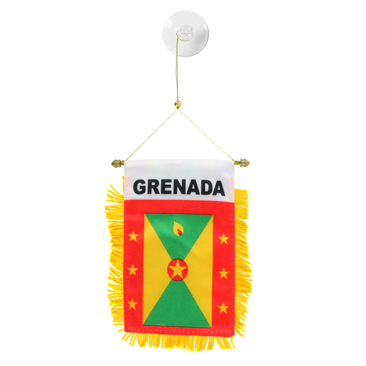 Flag of Grenada with red border and yellow stars with two green triangles and two yellow triangles within the red border. A red circle with a yellow star is in the center.