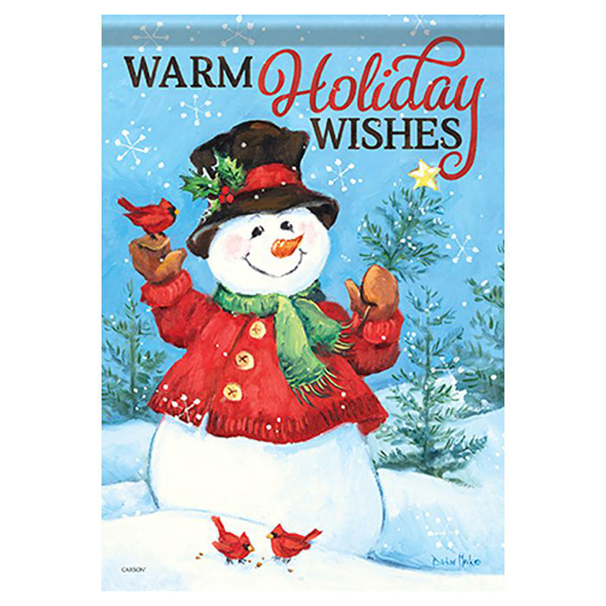 Christmas garden flag with a snowman wearing a red hat and scarf, holding cookies, with 'Warm Holiday Wishes' text.