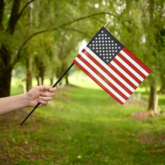 US Stick Flag 8x12in, Black Stick, Spear Tip - 12 Pack