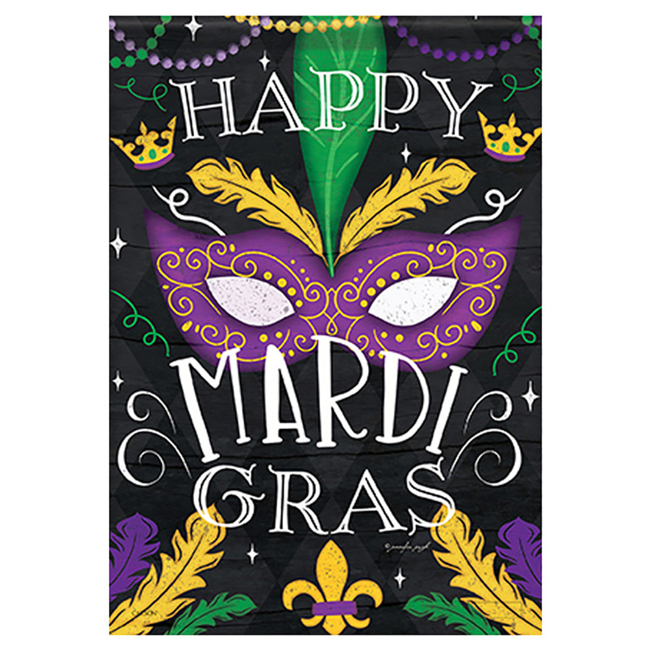 Mardi Gras-themed decorative banner with a mask, feathers, and text on a black background.