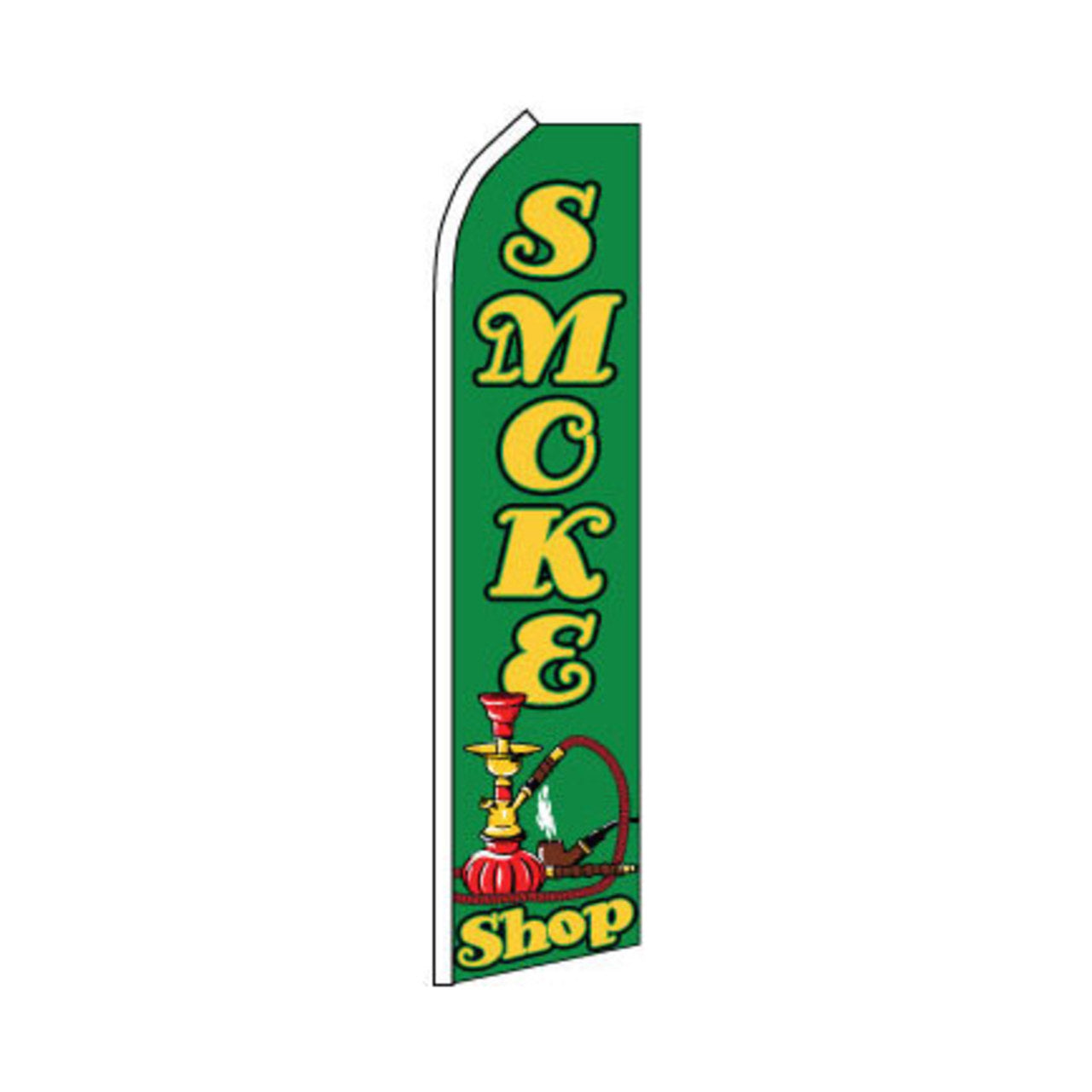 A green swooper flag with the text 'SMOKE Shop' displayed along with an icon of a hookah. The flag is designed for business advertising.