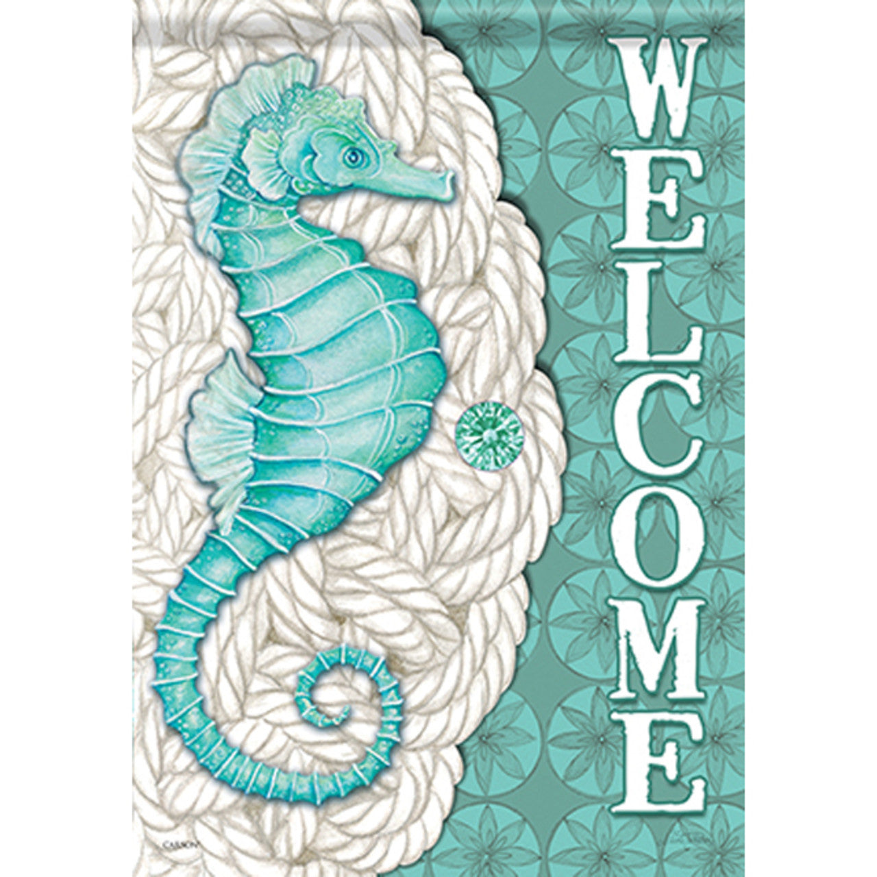 Decorative flag with a seahorse design and 'WELCOME' text on a teal and white background.