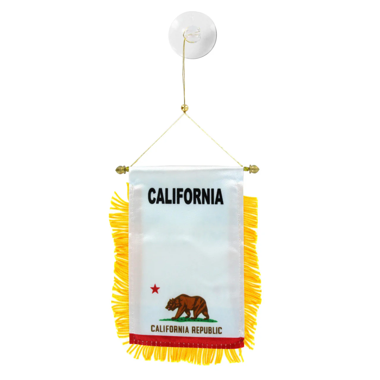 Small California state flag with yellow fringe on a white background