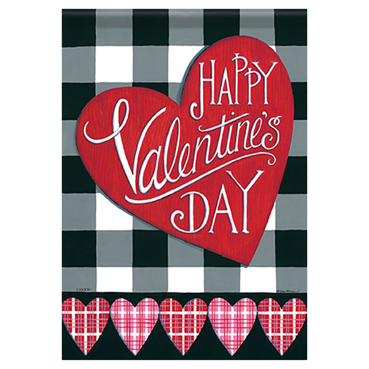 Heart-shaped 'Happy Valentine's Day' decorative flag on a checkered background with plaid hearts below.