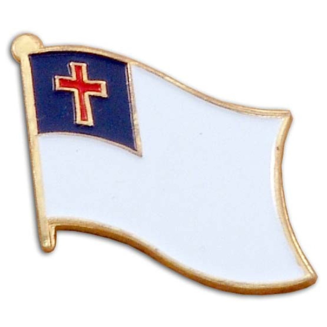 Flag-shaped lapel pin with a red cross on a blue field, gold border, and white background
