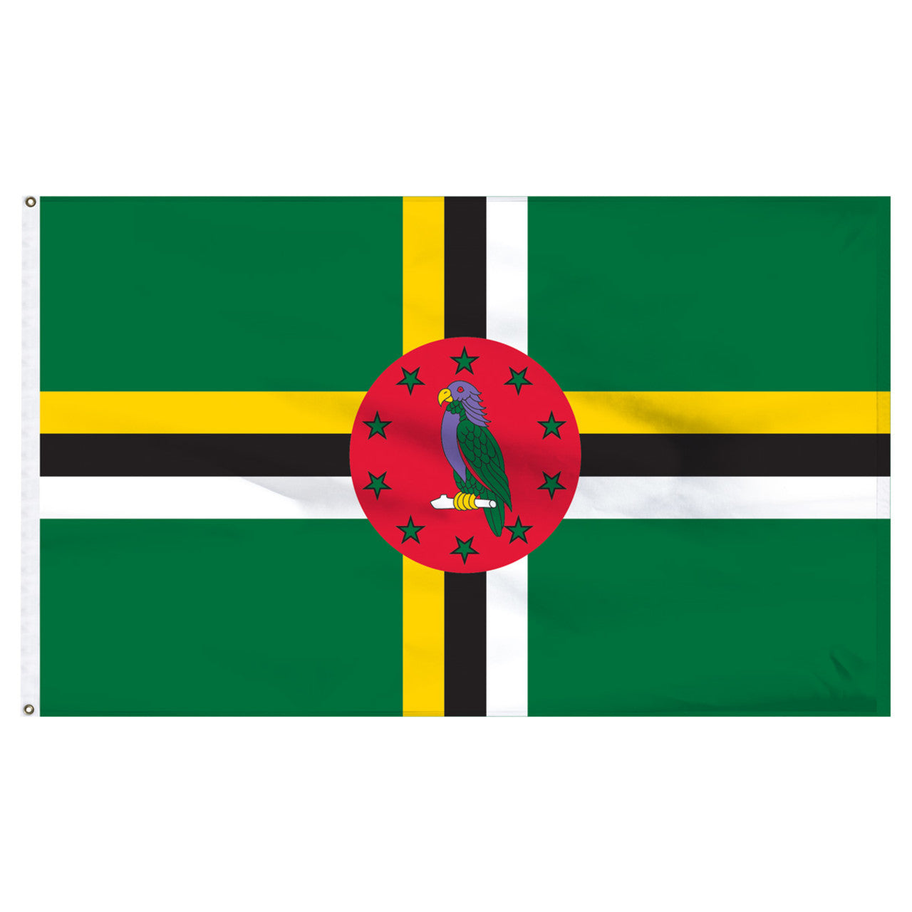 Flag of Dominica with green background, yellow, black, and white stripes featuring a red central emblem with a parrot.