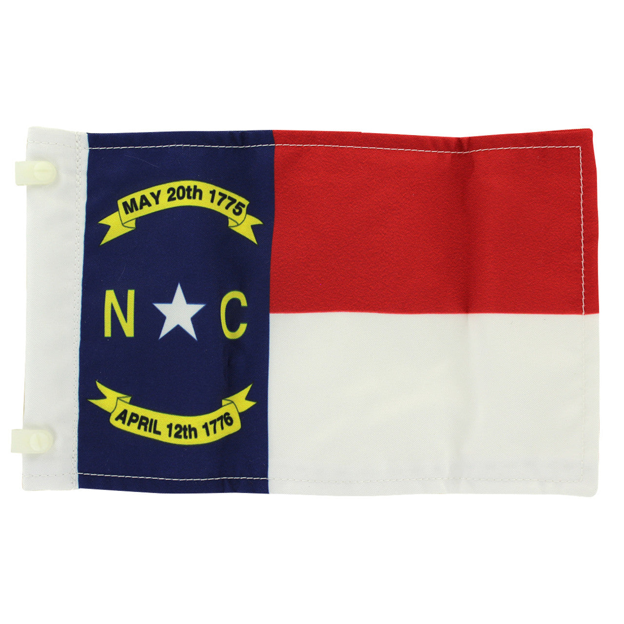 An antenna flag featuring red and white blocks, and a blue vertical left side with yellow "N" and "C" along with a white star and text "May 20th 1775" and "April 12th 1776"