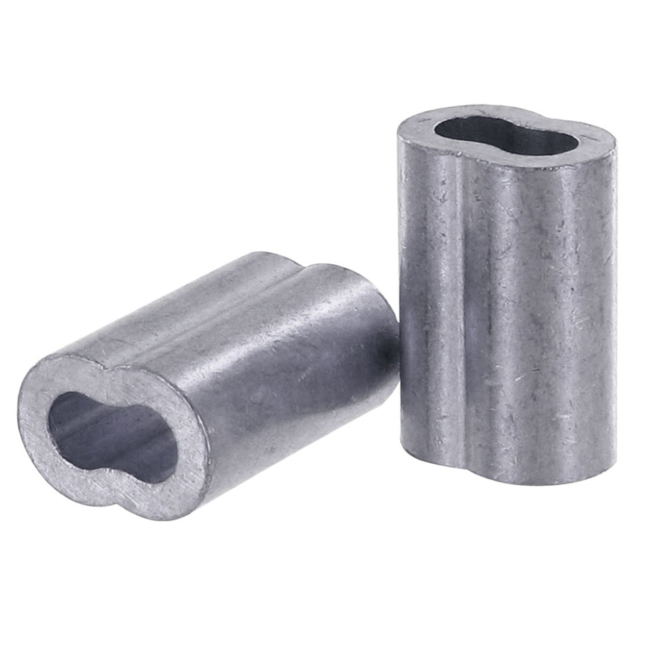 An aluminum cable and rope crimp on a white background