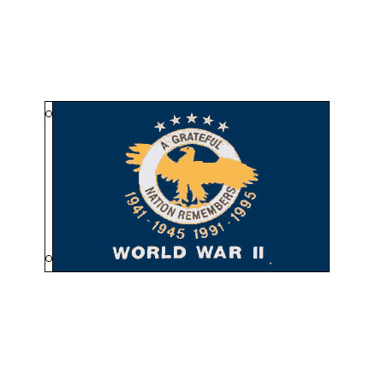 Flag with a design featuring an eagle and text about World War II on a blue background