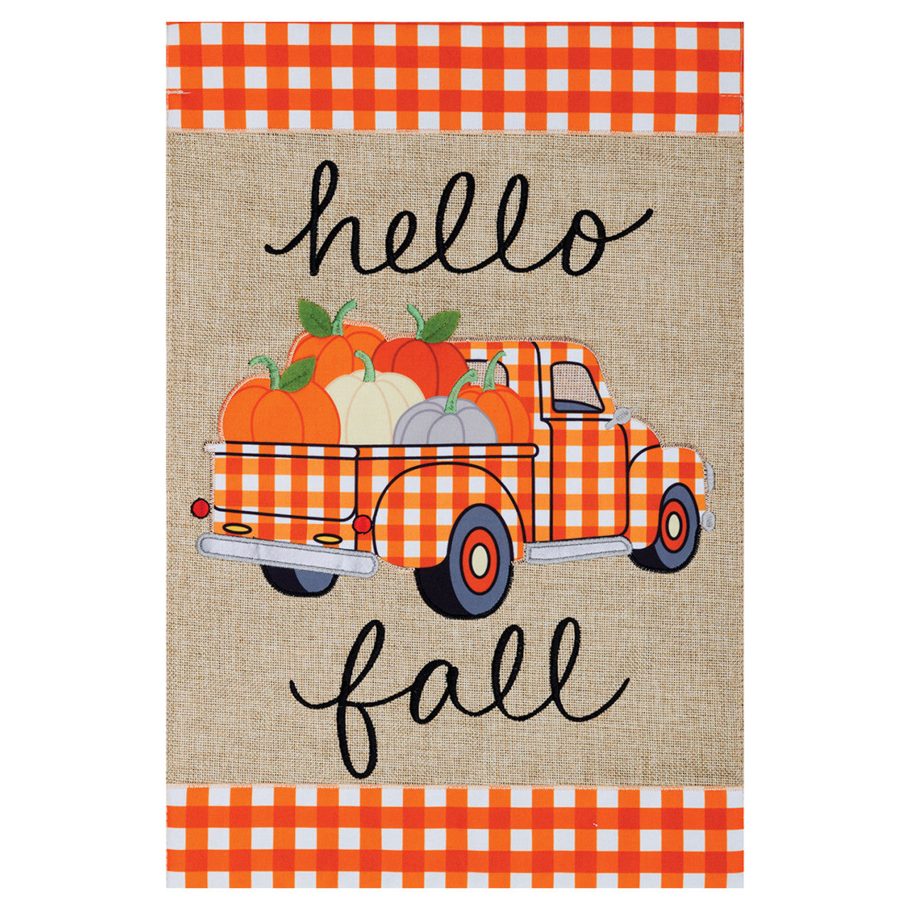 Gingham Truck Burlap Garden Flag - 12in x 18in