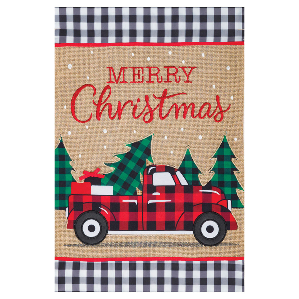 Christmas-themed decorative flag with a red truck, trees, and 'Merry Christmas' text on a burlap background.