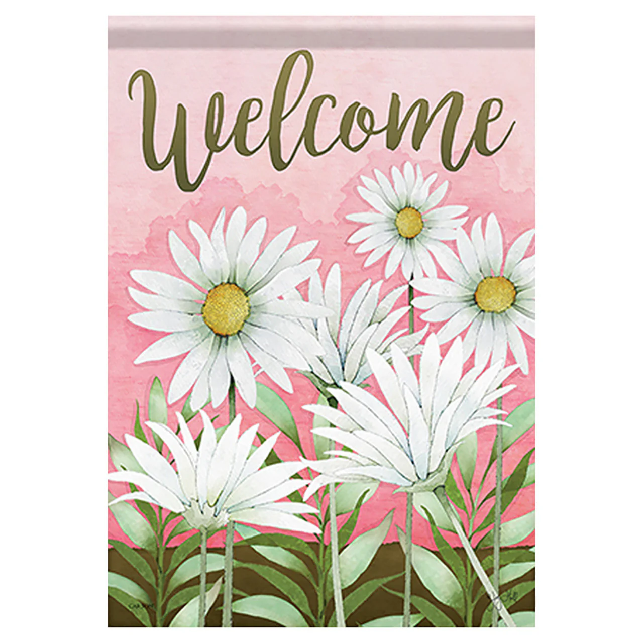 Decorative banner with white daisies and the word 'Welcome' on a pink background