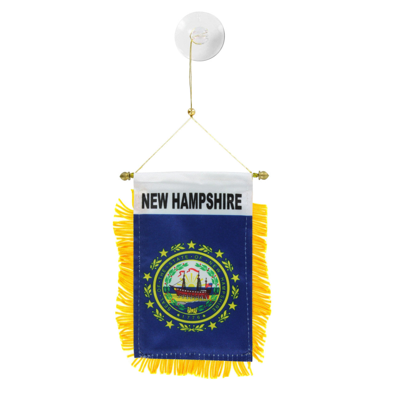 Small New Hampshire state flag with yellow fringe on a white background