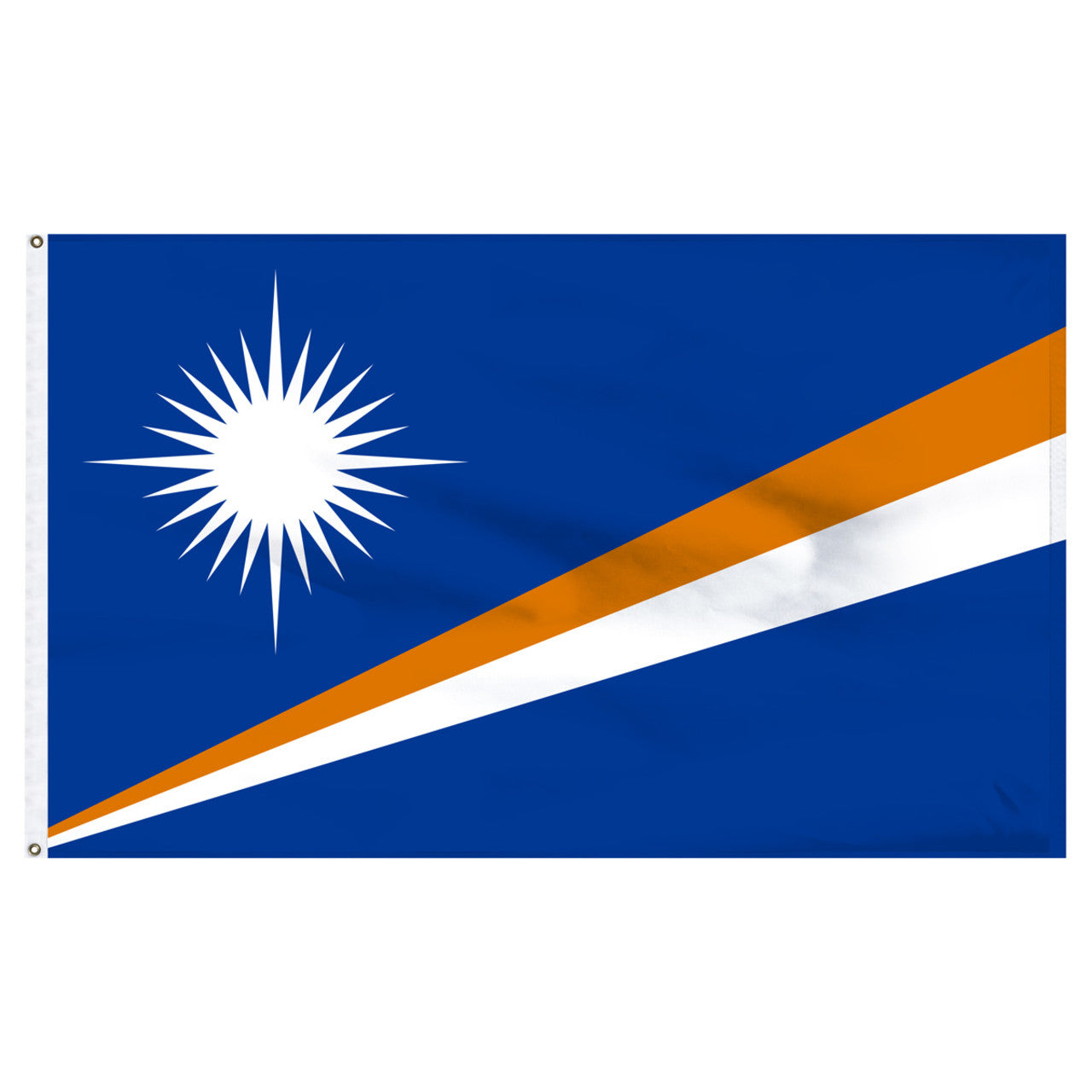 Marshall Islands flag with a white star on a blue background and an orange and white diagonal stripe