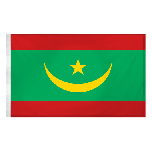 Mauritania 3ft x 5ft Nylon Flag - Secondary Image - United States Flag Store A 3ft x 5ft nylon flag of Mauritania with a red and green field, a yellow crescent and a star