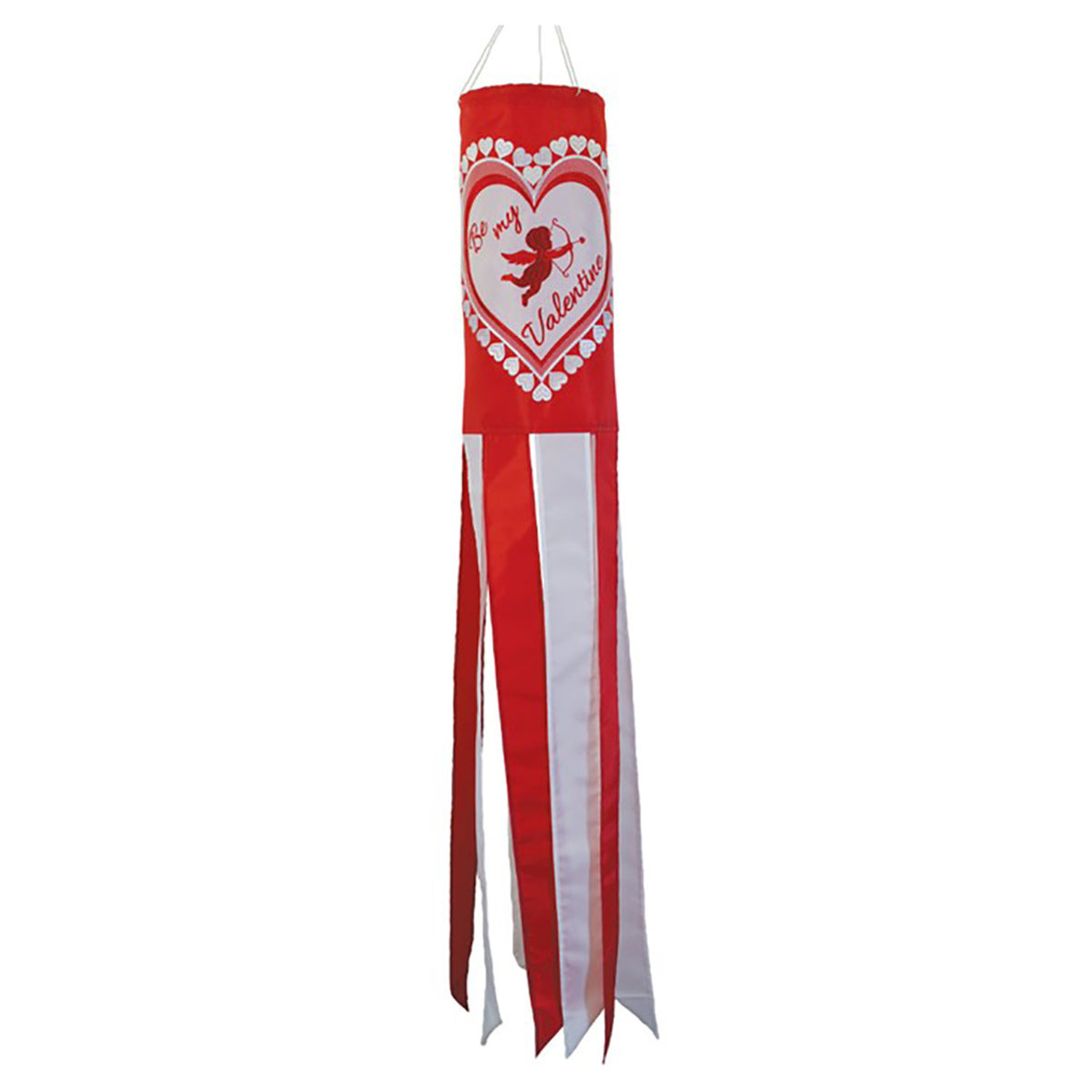 Red windsock with white heart design and text on a white background