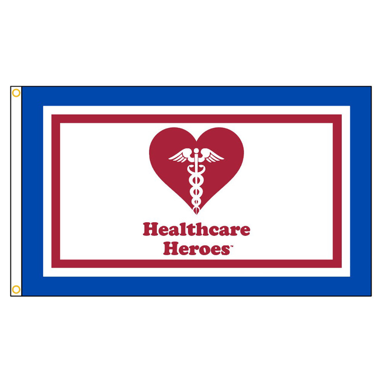 Flag with a red heart and caduceus symbol, featuring the text 'Healthcare Heroes', on a white background.