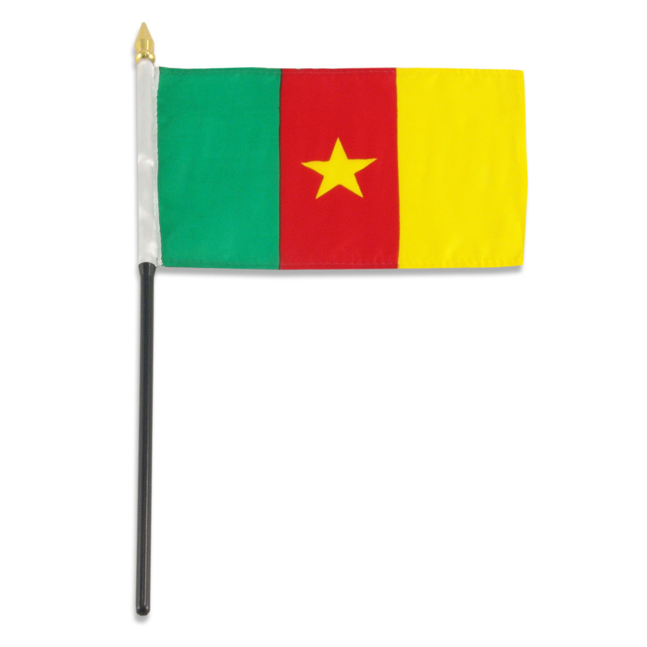 Flag of Cameroon with green, red, and yellow stripes and a yellow star on a white background