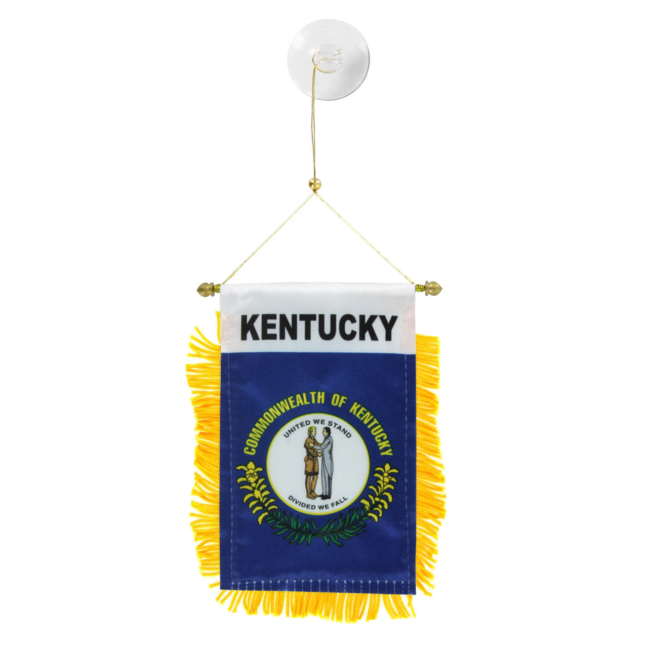 Kentucky state flag hanging banner with yellow fringe on a white background