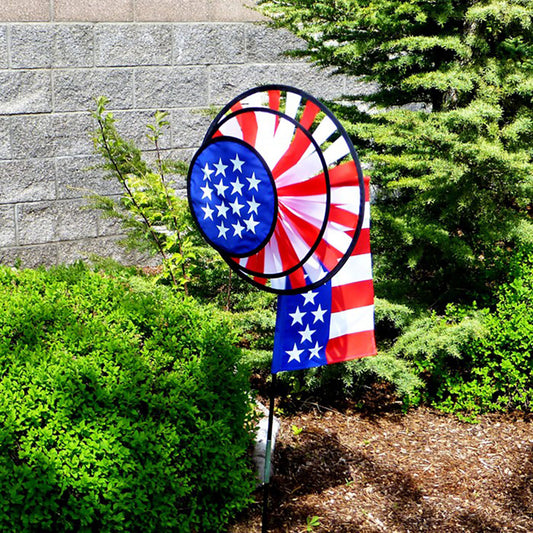 USA Flag Dual Spinner Wheels with Garden Flag - 46 USA Flag Dual Spinner Wheels with Garden Flag - 46"