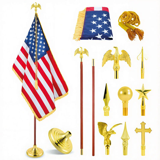 Complete indoor US flag kit featuring an oak flagpole, gold weighted base, fringed flag, gold tassels, and various decorative toppers.