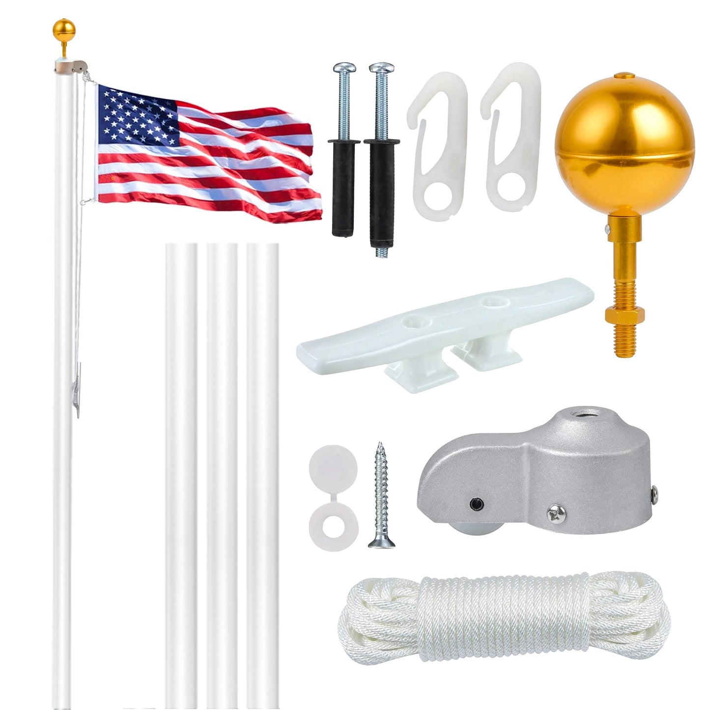 20ft white outdoor flagpole kit with American flag, gold ball topper, halyard rope, cleat, snap hooks, and mounting hardware.