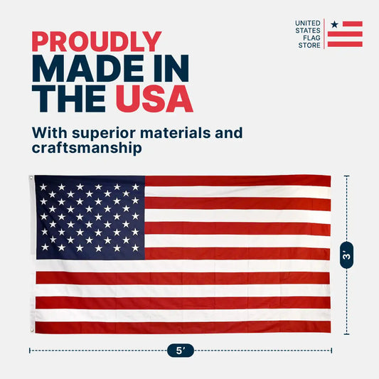 3'x5' American flag with dimensions, labeled "Proudly Made in the USA" with superior materials and craftsmanship.