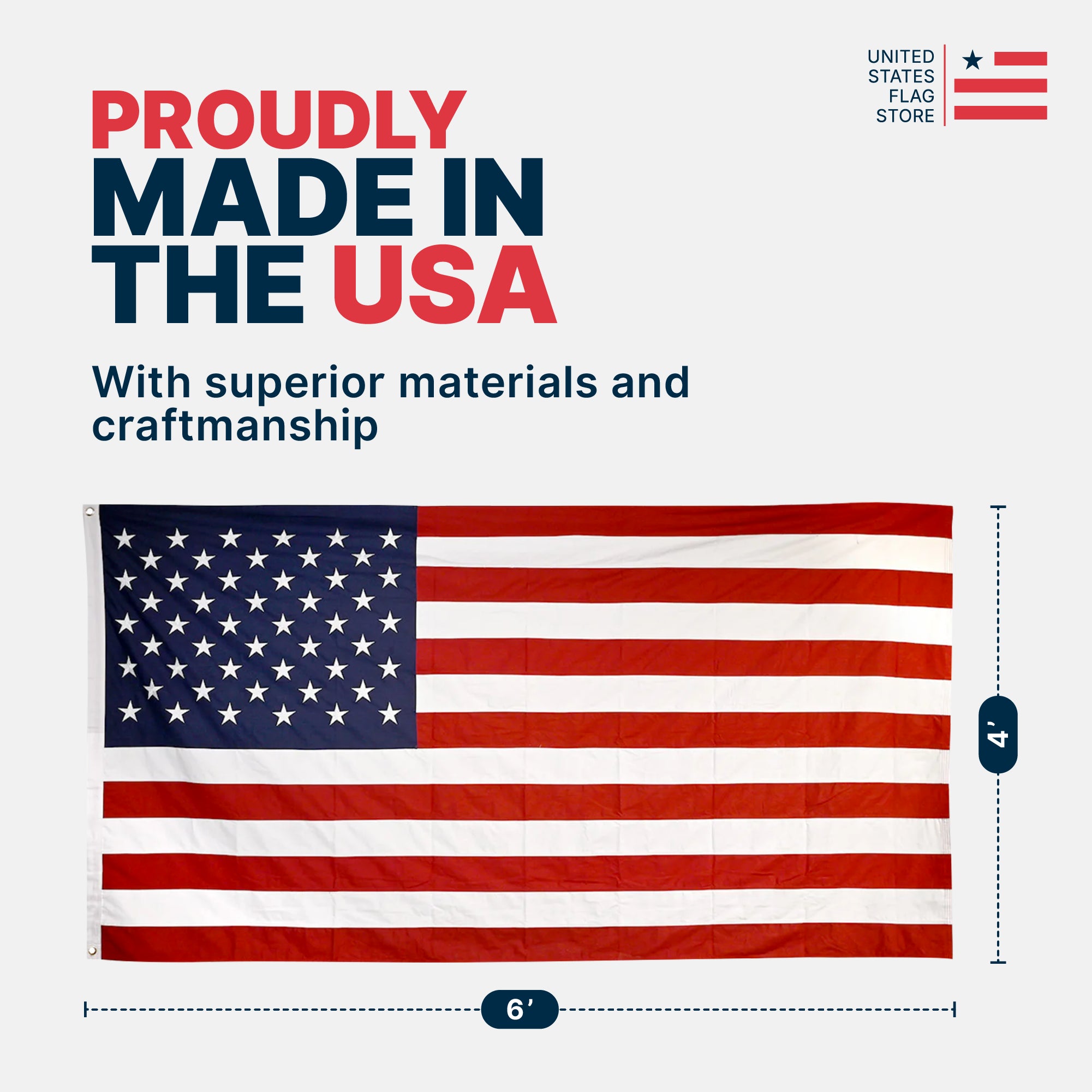 4'x6' American flag with dimensions, labeled "Proudly Made in the USA" with superior materials and craftsmanship.
