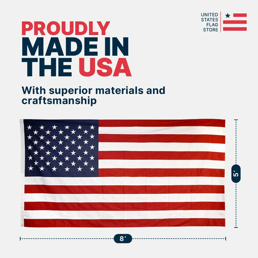 5'x8' American flag with dimensions, labeled "Proudly Made in the USA" with superior materials and craftsmanship.