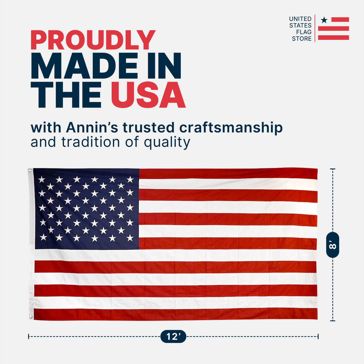 8'x12' American flag with dimensions, labeled "Proudly Made in the USA" with Annin’s trusted craftsmanship.
