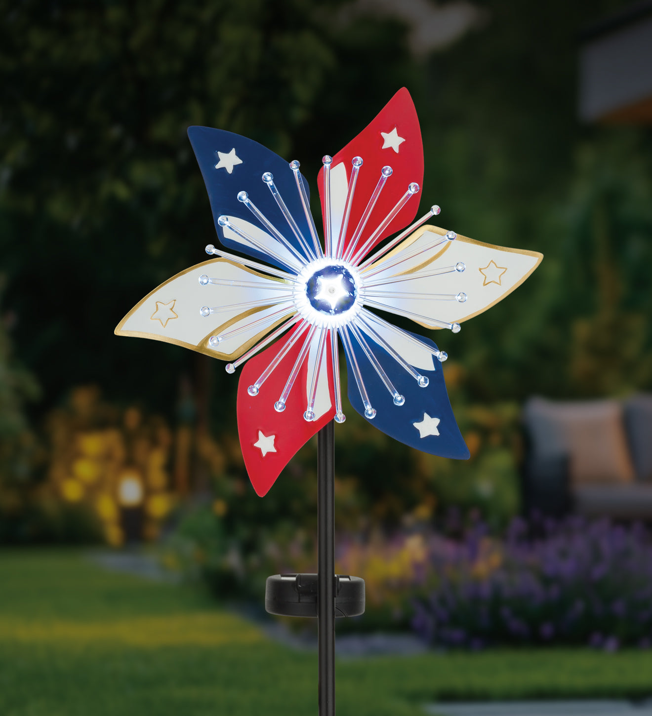 Patriotic Flower Spinner Solar Stake for Outdoor Garden